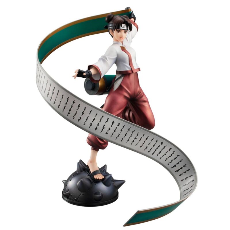 Figurine de Tenten de la série Naruto Gals, en pose dynamique avec un grand parchemin.