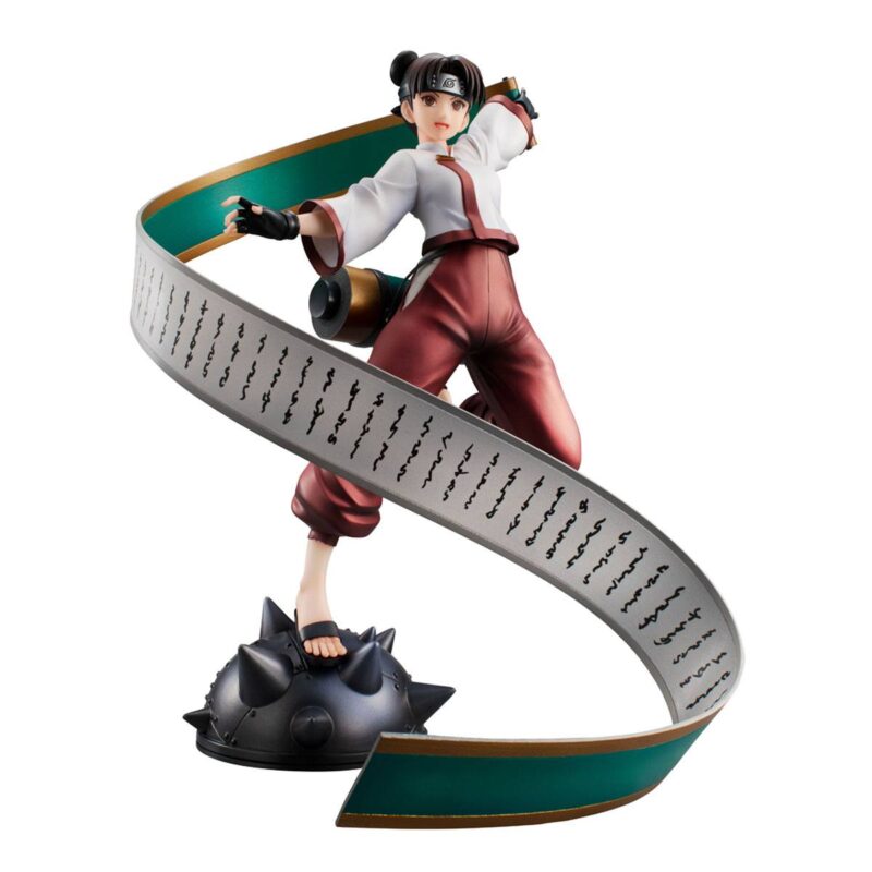 Figurine de Tenten de la série Naruto Gals, en pose dynamique avec un grand parchemin.