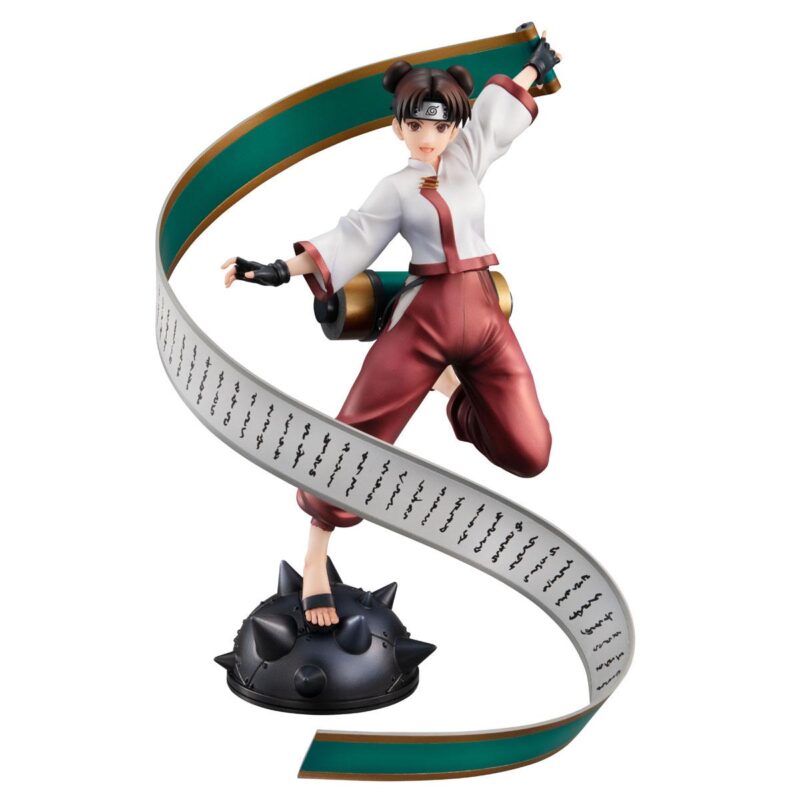 Figurine de Tenten de la série Naruto Gals, en pose dynamique avec un grand parchemin.