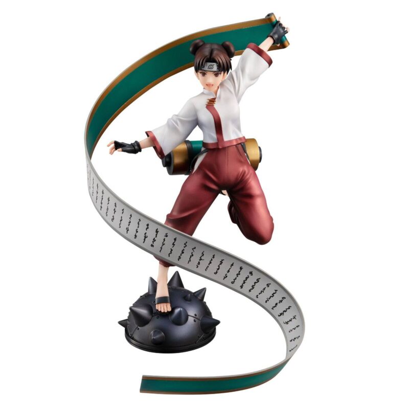 Figurine de Tenten de la série Naruto Gals, en pose dynamique avec un grand parchemin.
