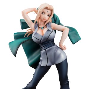 Figurine de Tsunade avec un haori vert et un chemisier gris, représentant une pose charmeuse.