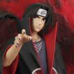 Figurine d'Itachi Uchiwa avec son Mangekiyo et ses yeux tomoe Sharingan, devant une lune rouge.