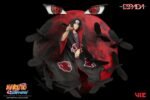Figurine d'Itachi Uchiwa avec son Mangekiyo et ses yeux tomoe Sharingan, devant une lune rouge.