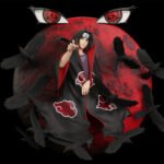Figurine d'Itachi Uchiwa avec son Mangekiyo et ses yeux tomoe Sharingan, devant une lune rouge.