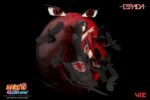 Figurine d'Itachi Uchiwa avec son Mangekiyo et ses yeux tomoe Sharingan, devant une lune rouge.