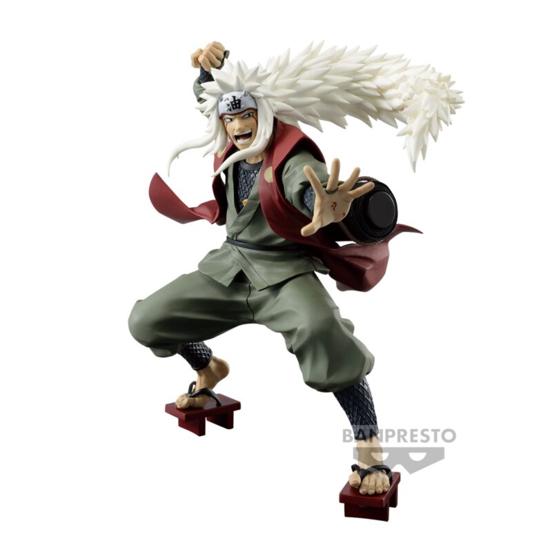 Figurine de Jiraiya en PVC mesurant 15 cm, représentant le personnage avec ses caractéristiques distinctives et une posture dynamique.