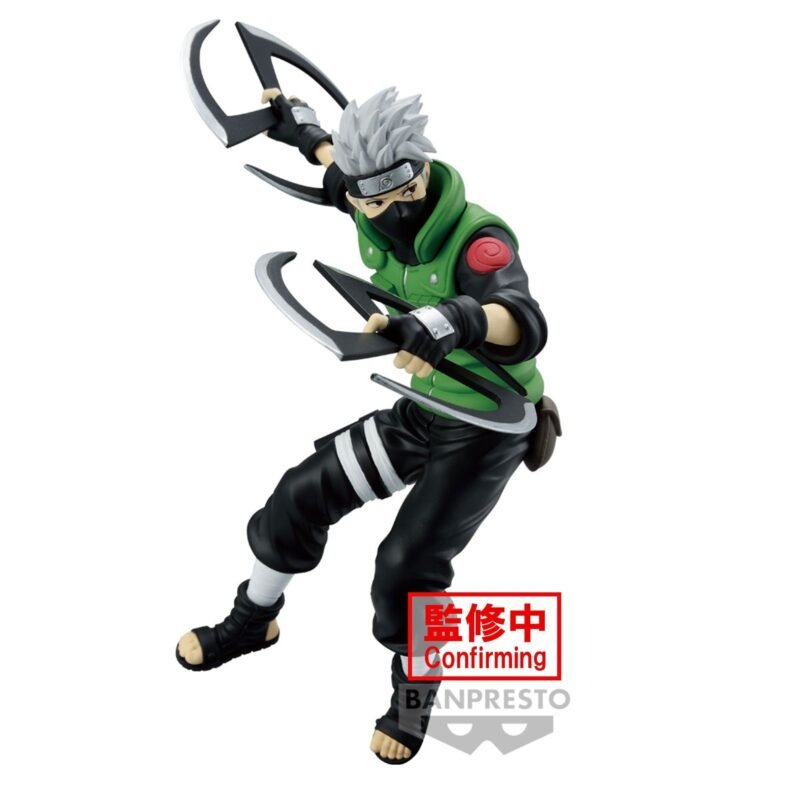 Figurine de Kakashi Hatake dans une posture dynamique avec Sharingan et kamui shurikens, fabriquée par BANPRESTO.