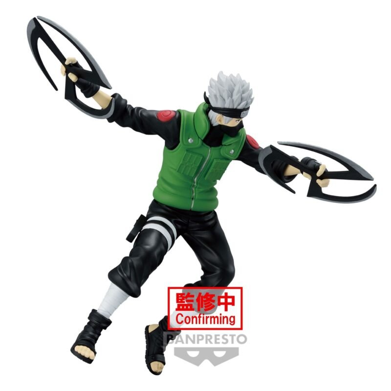 Figurine de Kakashi Hatake dans une posture dynamique avec Sharingan et kamui shurikens, fabriquée par BANPRESTO.