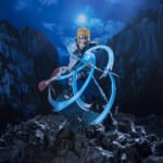 Figurine de Minato Namikaze avec un kunai d'espace-temps et un Rasengan sur un socle rocheux.