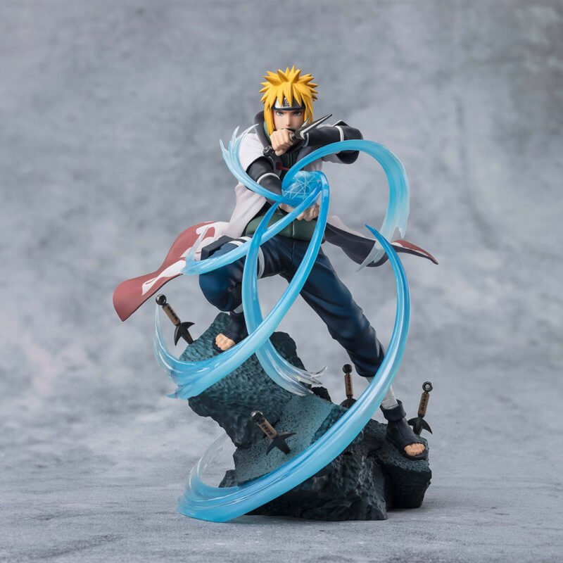 Figurine de Minato Namikaze avec un kunai d'espace-temps et un Rasengan sur un socle rocheux.
