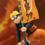 Figurine de Naruto Uzumaki en PVC de 11 cm dans une pose emblématique tenant un drapeau.
