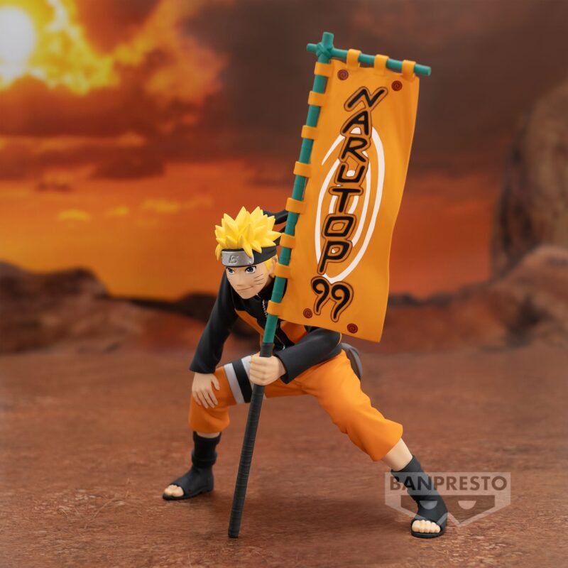 Figurine de Naruto Uzumaki en PVC de 11 cm dans une pose emblématique tenant un drapeau.
