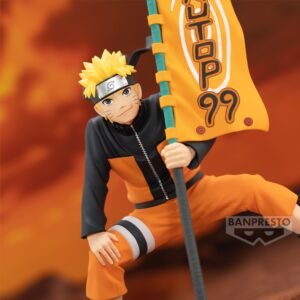 Figurine de Naruto Uzumaki en PVC de 11 cm dans une pose emblématique tenant un drapeau.