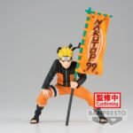 Figurine de Naruto Uzumaki en PVC de 11 cm dans une pose emblématique tenant un drapeau.