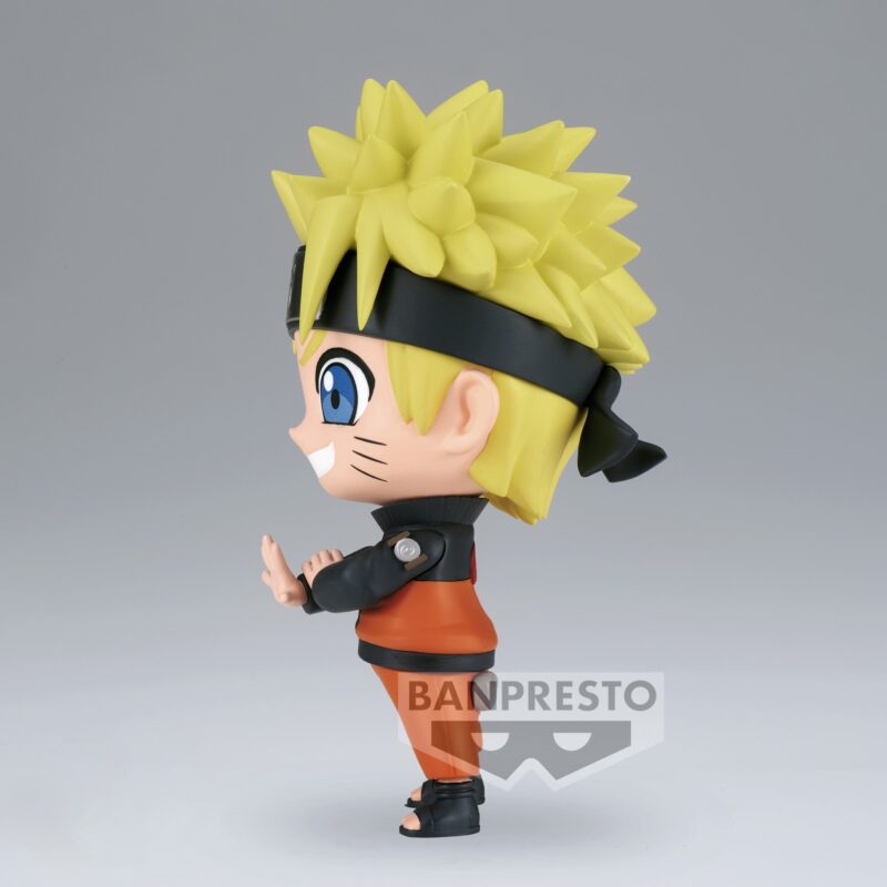 Figurine de Naruto Uzumaki en forme chibi avec un visage mignon et un sourire rayonnant.