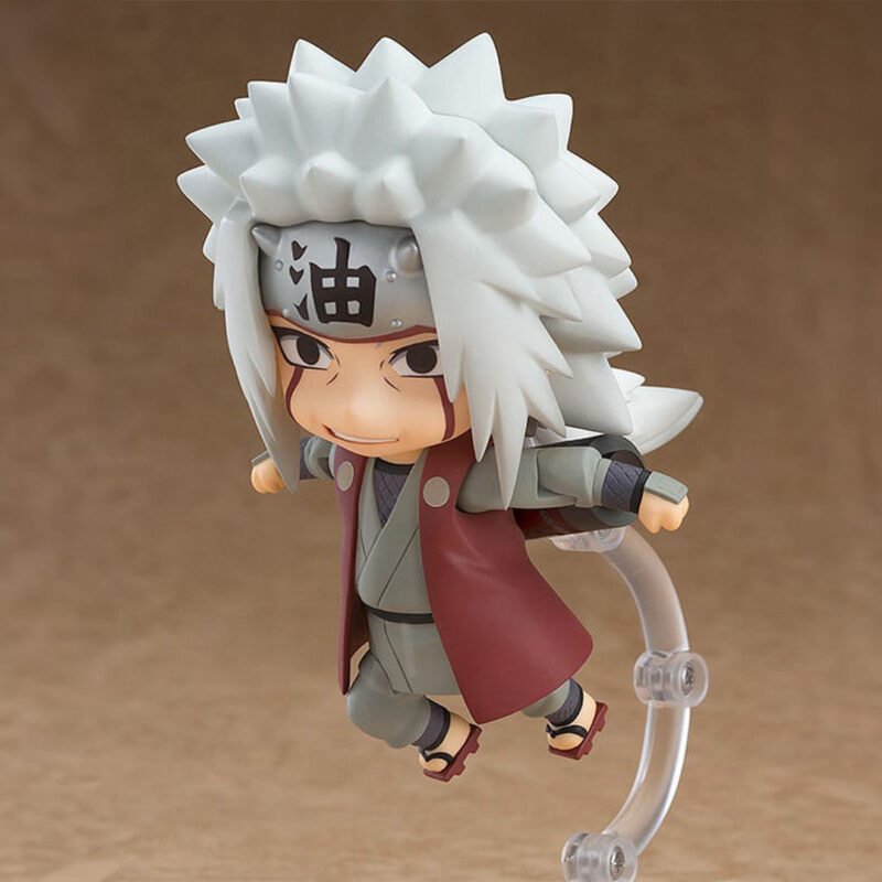 Figurine Nendoroid de Jiraiya avec deux visages interchangeables, accessoires, et articulations visibles.