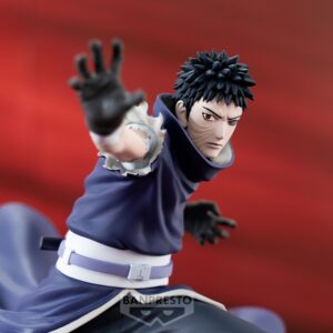 Figurine d'Obito Uchiha en posture dynamique, avec des détails sur son visage et des stigmates visibles.