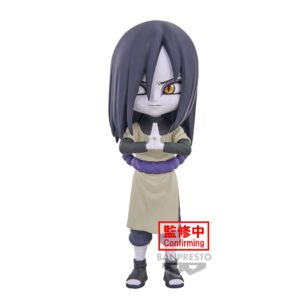 Figurine d'Orochimaru avec cheveux noirs, yeux dorés, expression malicieuse et mains jointes pour une technique ninjutsu.