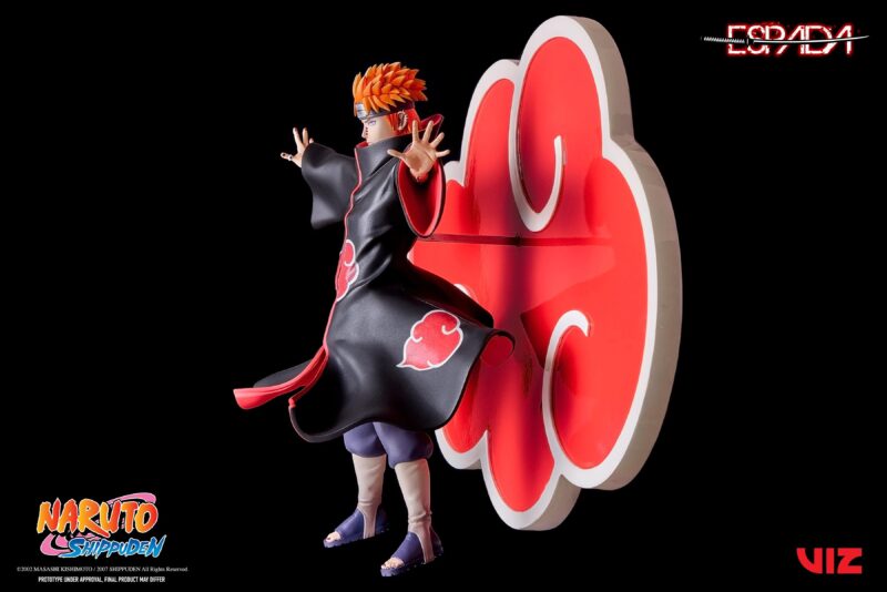 Figurine de Pain flottant au-dessus du village de Konoha, mains tendues, avec Rinnegan et symbole Akatsuki.