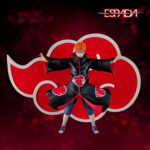 Figurine de Pain flottant au-dessus du village de Konoha, mains tendues, avec Rinnegan et symbole Akatsuki.