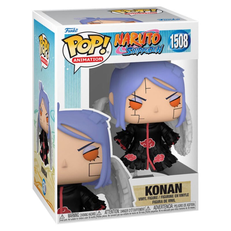 naruto-shippuden-figurine-pop-konan-1508_2 Figurine Pop de Konan de Naruto avec des ailes déployées, vêtue de son manteau de l'Akatsuki.