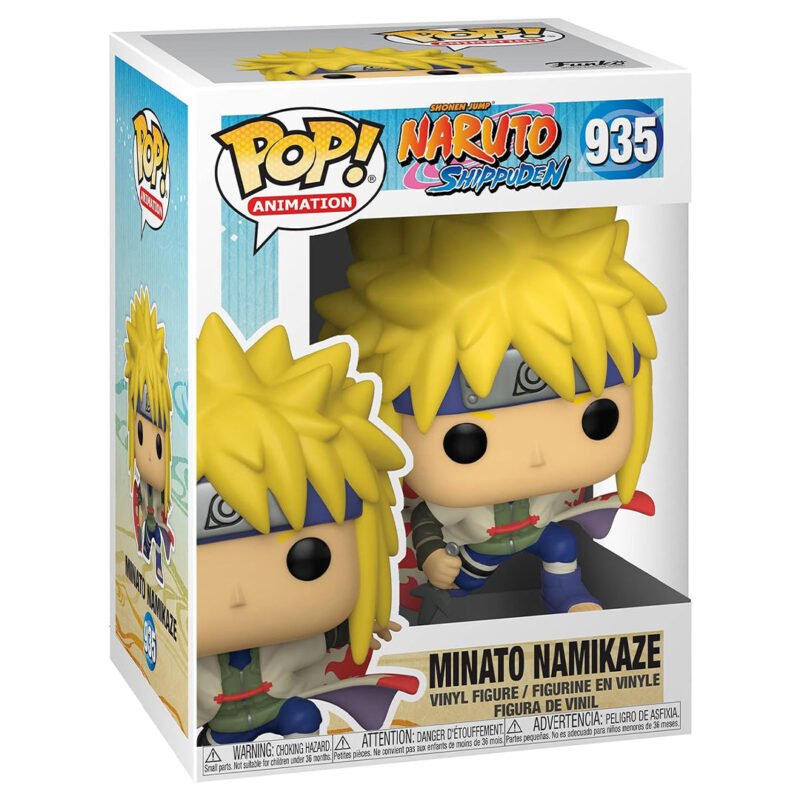 Figurine Pop de Minato Namikaze en position dynamique avec un kunai, prête à défendre Konoha.