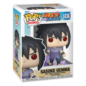 Figurine Funko Pop de Sasuke Uchiha dans une pose dynamique avec une aura violette émanant du socle.
