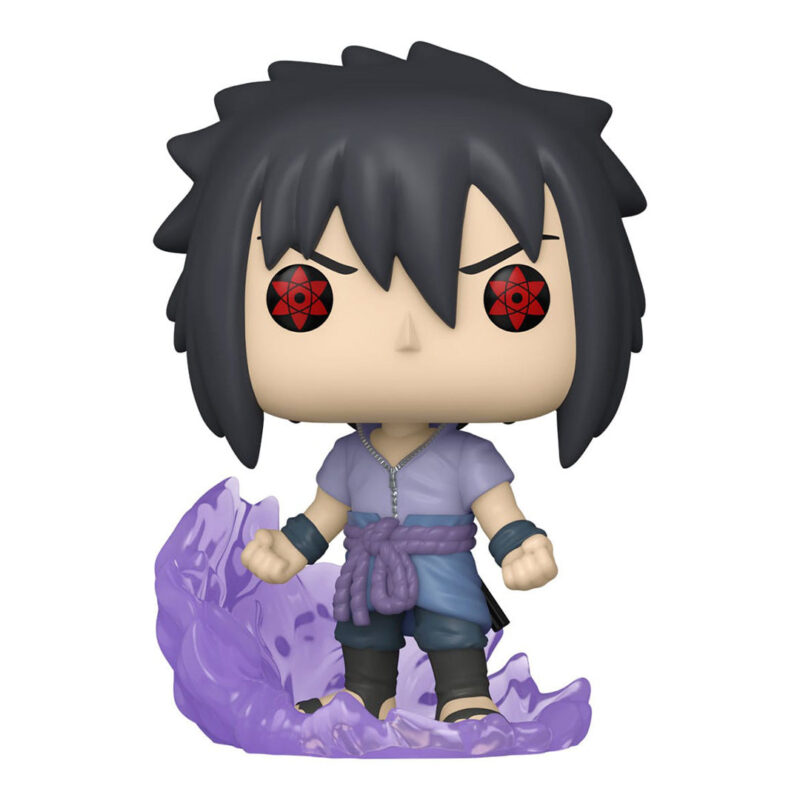 Figurine Funko Pop de Sasuke Uchiha dans une pose dynamique avec une aura violette émanant du socle.