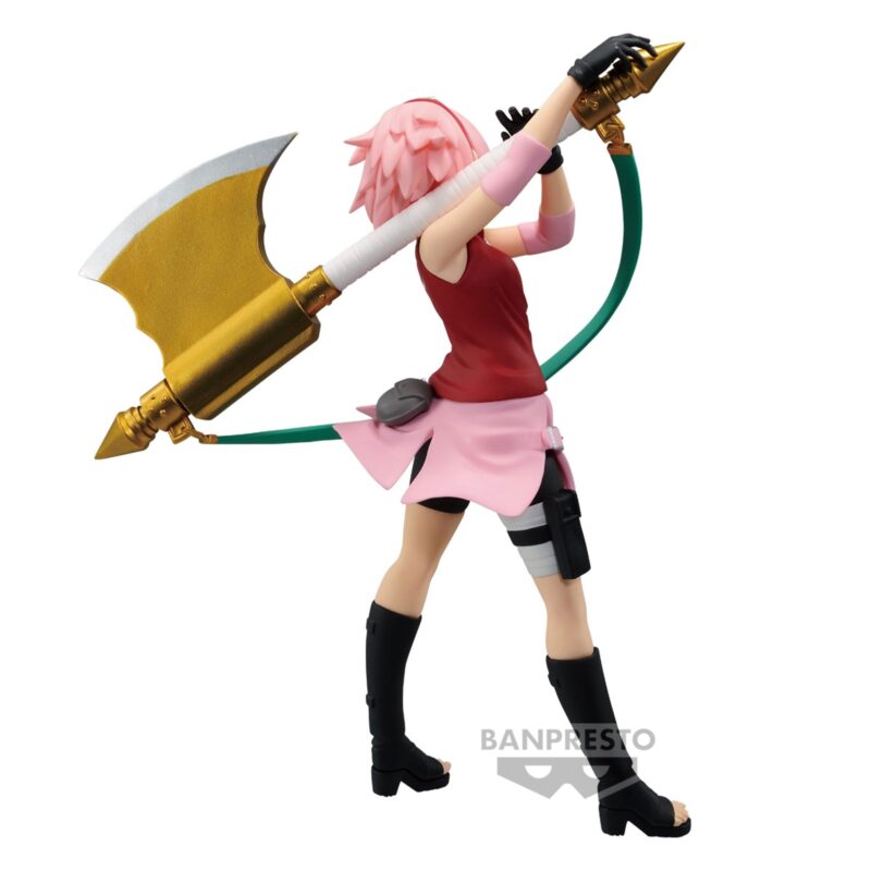 Figurine de Sakura Haruno tenant une grande hache sur son épaule avec un clin d'œil espiègle.