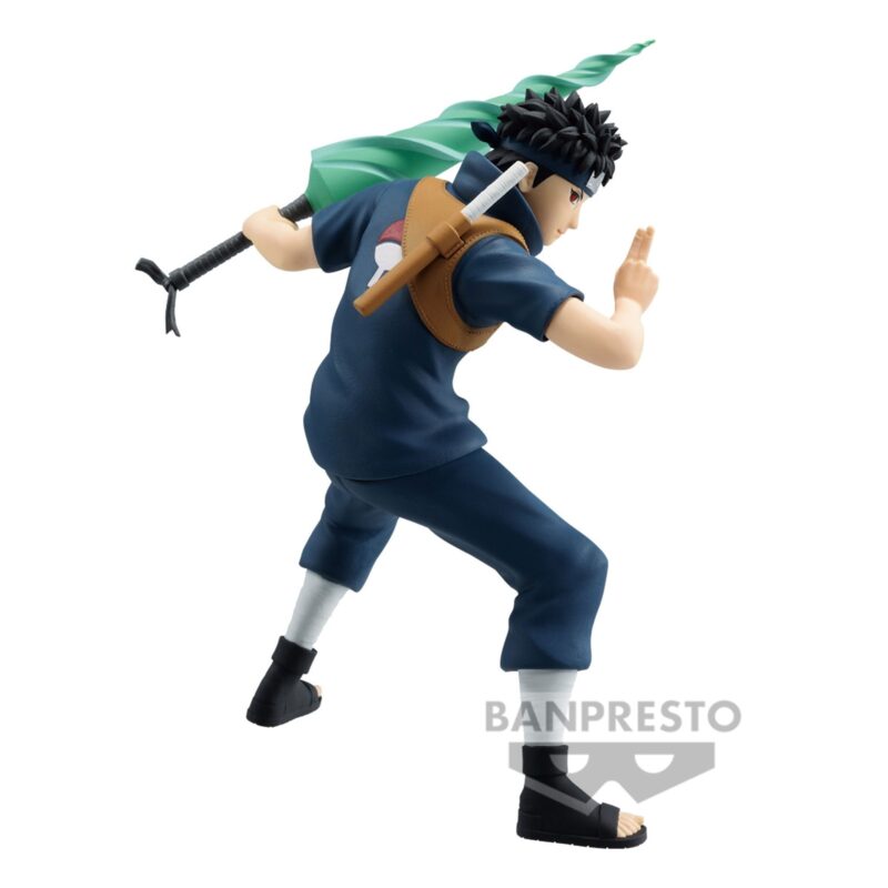 Figurine de Shisui Uchiha en posture de combat, tenant un katana avec un effet de chakra.
