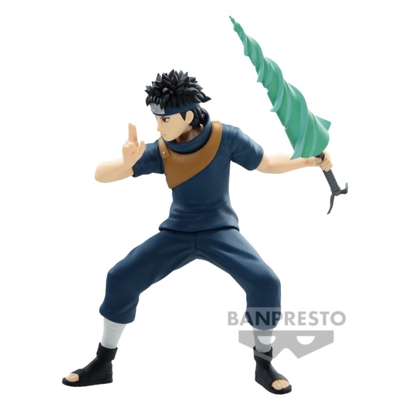 Figurine de Shisui Uchiha en posture de combat, tenant un katana avec un effet de chakra.