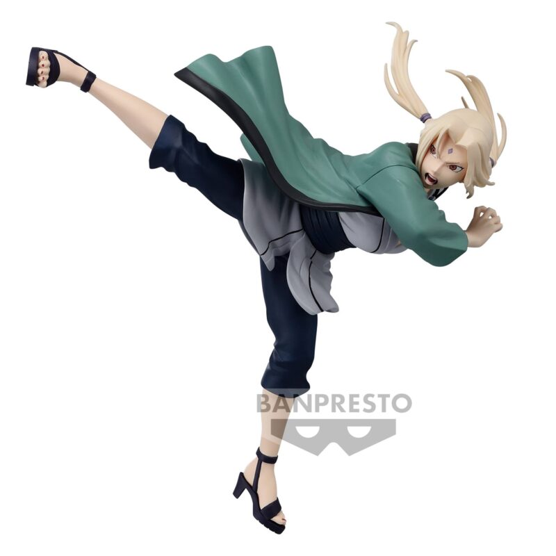 Figurine de Tsunade en pleine action, exécutant un coup de pied avec une expression déterminée, fabriquée par BANPRESTO.