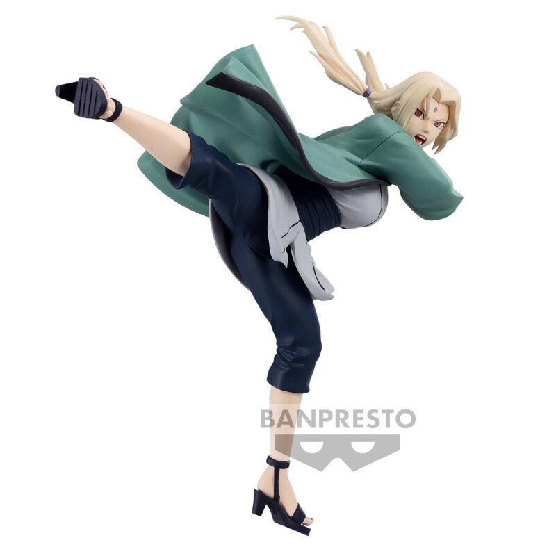 Figurine de Tsunade en pleine action, exécutant un coup de pied avec une expression déterminée, fabriquée par BANPRESTO.