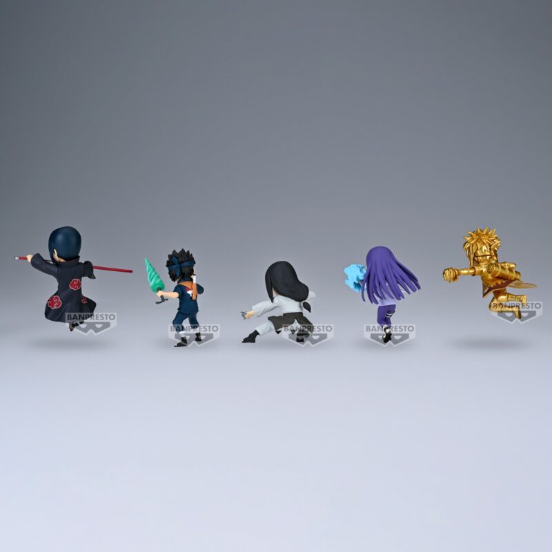 Figurines miniatures de personnages de Naruto en poses de combat, fabriquées par Banpresto, mesurant 7 cm.