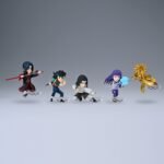 Figurines miniatures de personnages de Naruto en poses de combat, fabriquées par Banpresto, mesurant 7 cm.