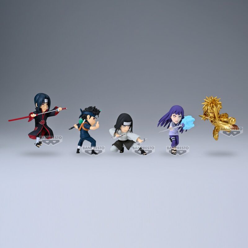 Figurines miniatures de personnages de Naruto en poses de combat, fabriquées par Banpresto, mesurant 7 cm.