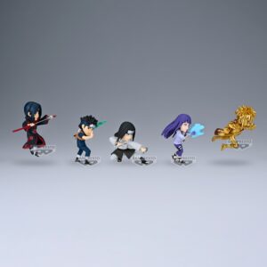 Figurines miniatures de personnages de Naruto en poses de combat, fabriquées par Banpresto, mesurant 7 cm.