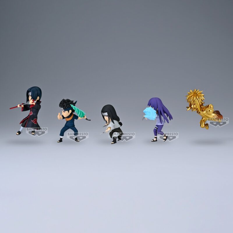 Figurines miniatures de personnages de Naruto en poses de combat, fabriquées par Banpresto, mesurant 7 cm.