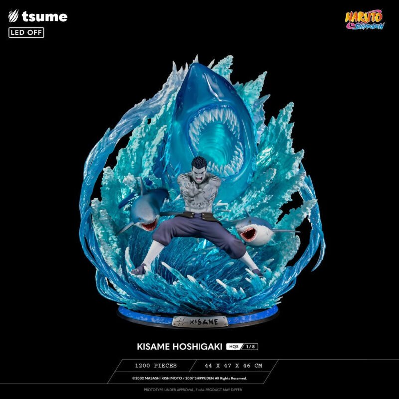 Statue de Kisame Hoshigaki en résine montrant une pose dynamique avec des effets d'eau et un socle détaillé.