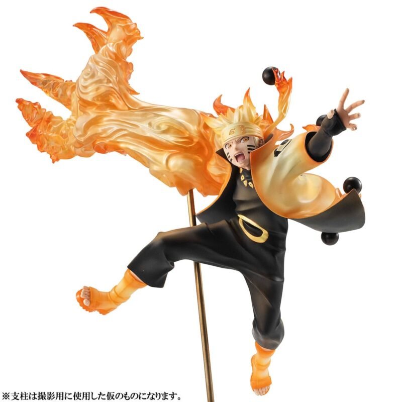 Figurine de Naruto Uzumaki en mode Sage des Six Chemins avec des flammes et des sphères de vérité.