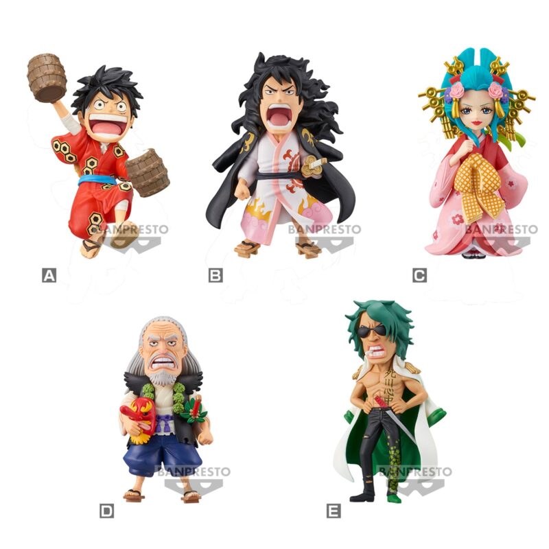 Figurine de Monkey D. Luffy, capitaine au chapeau de paille, mesurant 7 cm, représentant une pose dynamique avec un sourire et un poing de caoutchouc, fabriquée par BANPRESTO.