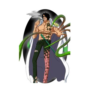 Figurine d'Aramaki, personnage de One Piece, mesurant 17 cm, en PVC, avec une posture dynamique, des cheveux noirs et une cape bleu marine, sur une base stable.
