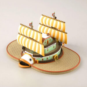 Figurine du Bateau Restaurant Barratie représentant un navire avec des voiles majestueuses et des canons, fabriquée par Bandai, montrant des détails minutieux et des éléments décoratifs comme des drapeaux flottants.