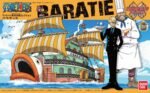 Figurine du Bateau Restaurant Barratie représentant un navire avec des voiles majestueuses et des canons, fabriquée par Bandai, montrant des détails minutieux et des éléments décoratifs comme des drapeaux flottants.