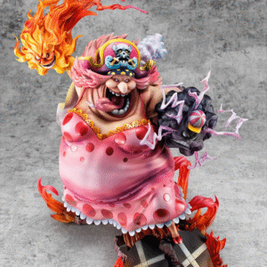Figurine de Big Mom dans une pose dynamique, entourée de ses homies Zeus et Prométhée, fabriquée par MEGAHOUSE, mettant en avant des détails sculptés avec précision et une base stable.