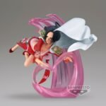 Figurine de Boa Hancock dans une posture dynamique, mesurant 17 cm, avec des cheveux et une cape flottants, fabriquée en PVC par Banpresto.