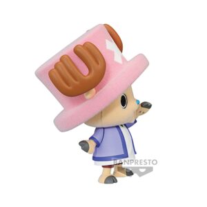 Figurine de Chopper Fluffy Puffy de 7 cm en PVC, représentant le personnage dans sa tenue de l'Arc Alabasta avec une chemise bleue sur un t-shirt blanc, texture douce et pose dynamique.