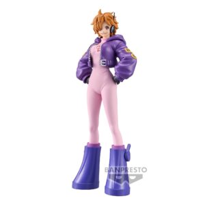 Figurine de Lilith de la série One Piece, mesurant 16 cm, avec des cheveux châtain clair, une tenue rose et un manteau violet, dans une pose dynamique avec les mains sur les hanches et un sourire engageant. Fabriquée par Banpresto.