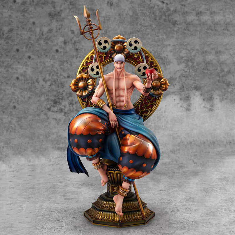 Figurine d'Enel avec son bâton en or, représentant le personnage dans sa tenue classique, avec une pose dynamique et une expression déterminée, fabriquée par MegaHouse.