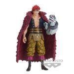 Figurine de Eustass Kid en PVC mesurant 17 cm, portant un manteau de fourrure rouge, avec une cicatrice visible et des détails représentant ses pouvoirs électromagnétiques, fabriquée par BANPRESTO.